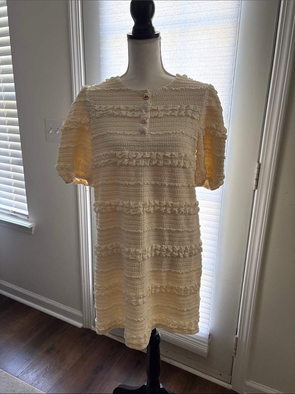 Anthropologie Cream Textured Ruffle Knit Dress